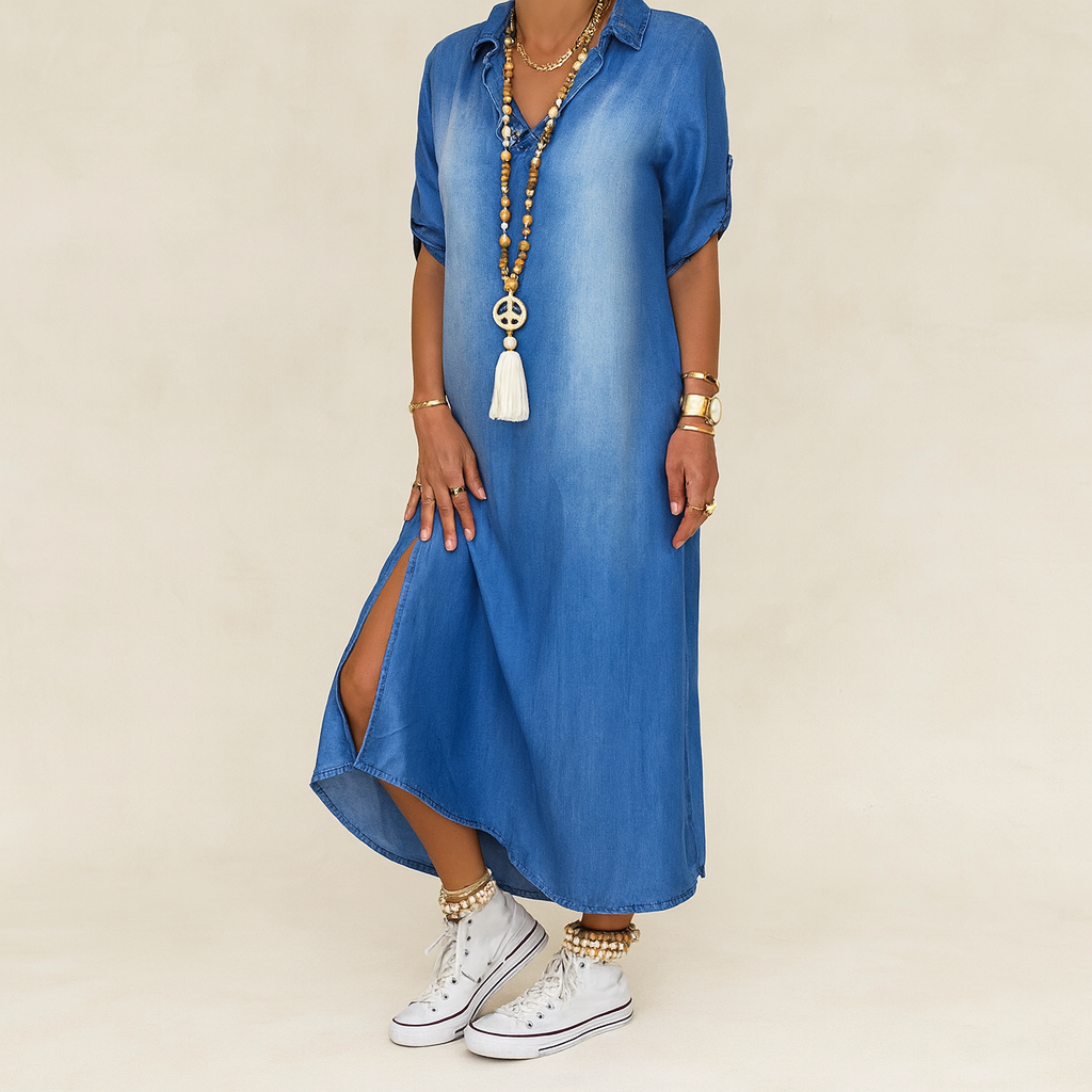 Long denim effect dress with side slit