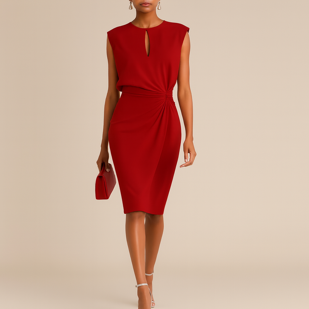 Classic midi dress with round neck and short sleeves